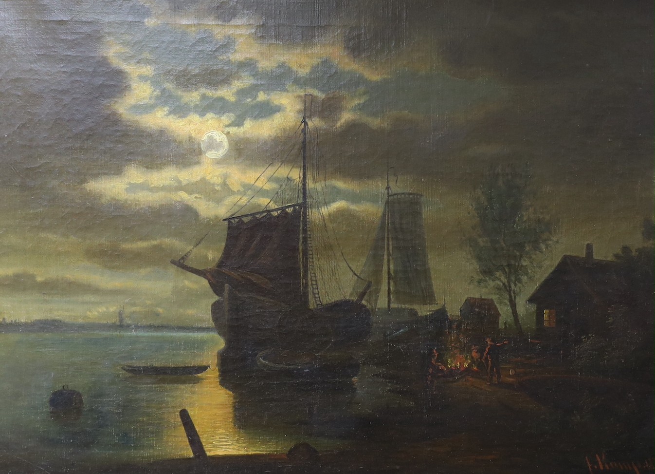 F. Kampe (19th C.), oil on canvas, Moonlit estuary scene with boatmen around a bonfire, signed and dated 1875, 46 x 64cm